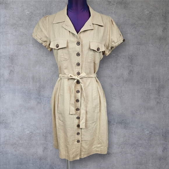 Boston Proper Neutral Tan Linen Blend Button Front Dress Size 12 Women's O66 - Picture 1 of 8